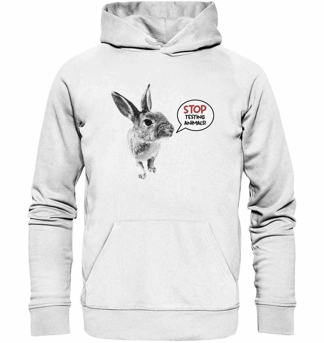 Vegan und Bio Hoodie mit niedlichem Hasenmotiv, Aufschrift STOP ANIMAL TESTING!, aus Bio-Baumwolle und Recyclingmaterialien, langärmelig mit Kapuze und Kängurutasche.
