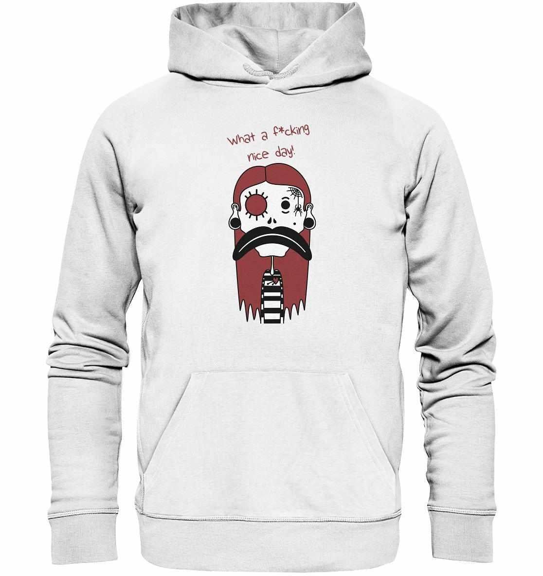 Vegan und Bio Hoodie: Mental health – Bad Day, weiß mit Cartoonfigur, normale Passform, aus Biobaumwolle und recyceltem Polyester, Kapuze und Kängurutasche.