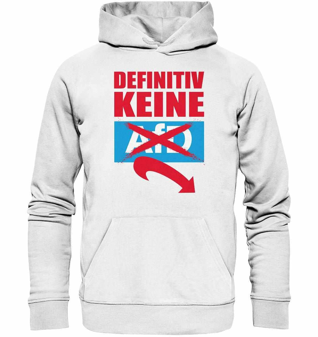 Vegan und Bio Hoodie: Gegen Rechts - Definitiv KEINE Alternative für Deutschland! Weißer Hoodie mit rotem und blauem Schriftzug, aus Bio-Baumwolle und Recyclingmaterialien.