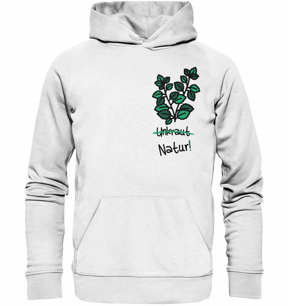 Vegan und Bio Hoodie: Brennnessel - Naturschutz, weiß mit grünen Blättern, aus Bio-Baumwolle, symbolisiert Naturschutz und ist nachhaltig produziert.