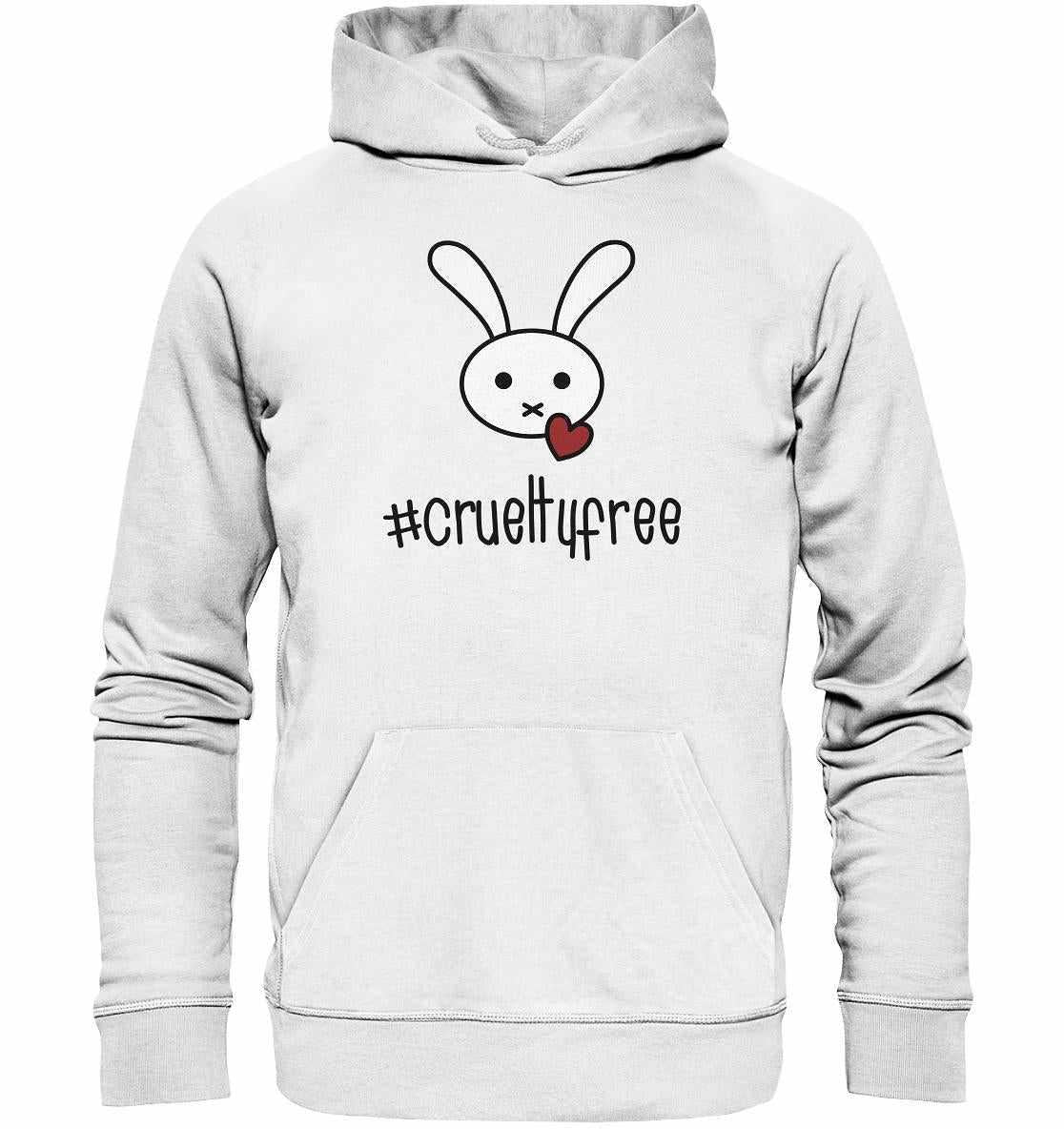 Vegan und Bio Hoodie: Crueltyfree Bunny BIG mit gesticktem Kaninchen und Herzmotiv, aus Bio-Baumwolle, symbolisiert den Kampf gegen Tierversuche in der Kosmetikindustrie.