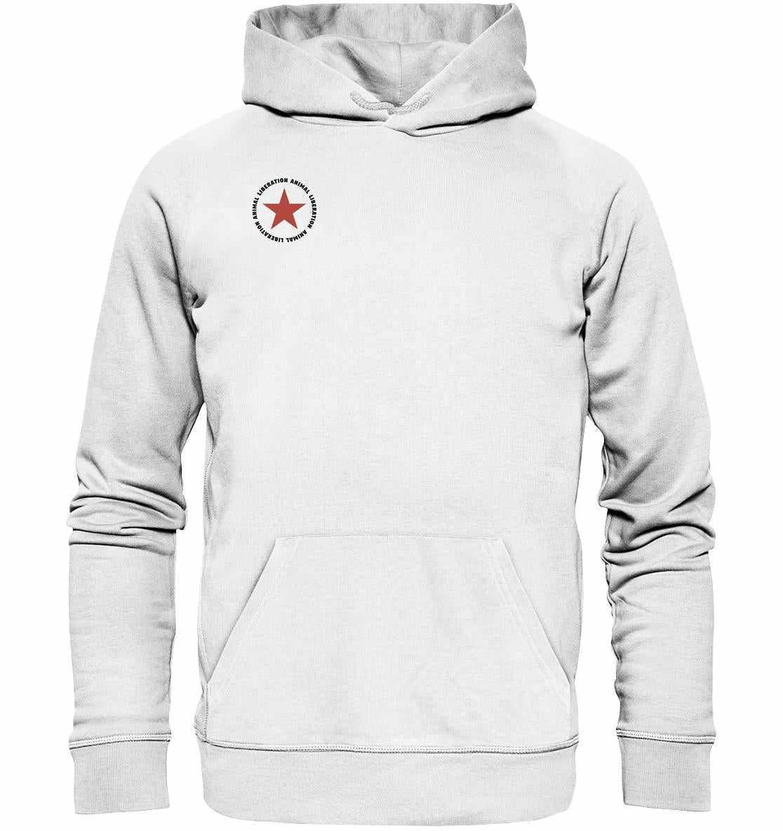 Vegan und Bio Hoodie: Red Star - Animal Liberation, weißer Hoodie mit rotem Stern, aus Bio-Baumwolle und Recyclingmaterialien, Kapuze, Kängurutasche, flache Zugkordeln, nachhaltiges Design.