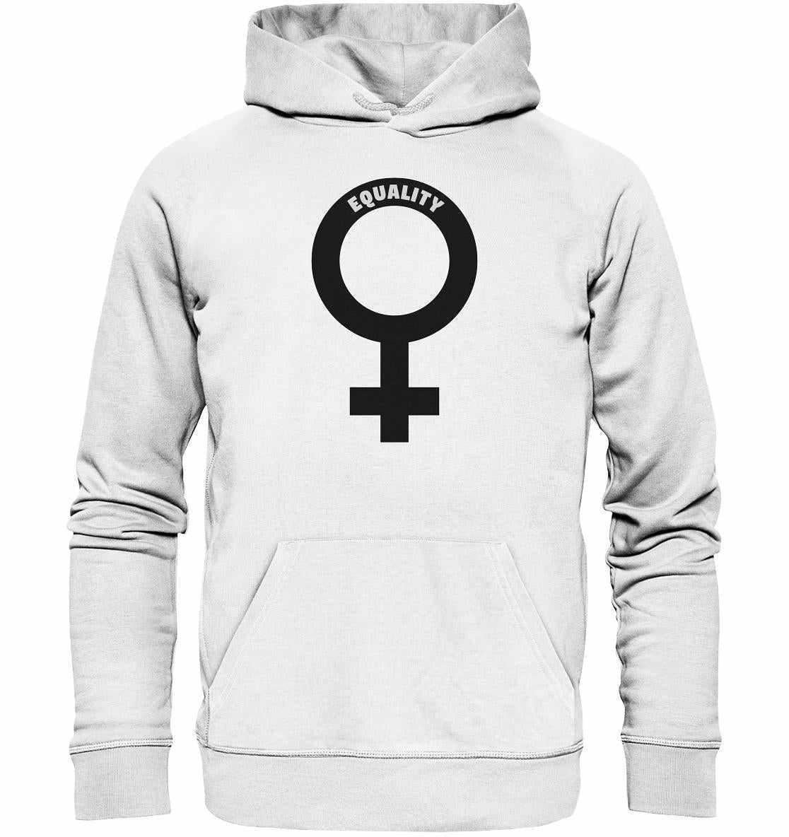 Vegan und Bio Hoodie mit Venussymbol und feministischer Botschaft, aus nachhaltiger Bio-Baumwolle und recyceltem Material, normale Passform, Kängurutasche, Kapuze im gleichen Material.