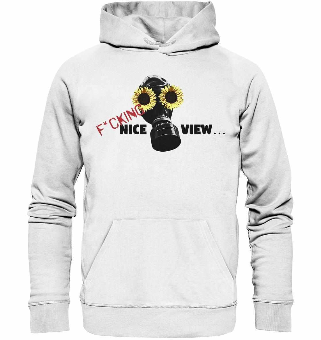 Vegan und Bio Hoodie mit Gasmaske und Sonnenblumen, inspiriert von Nachhaltigkeit und Umweltschutz. Aus Bio-Baumwolle und Recyclingmaterialien für einen bewussten Lebensstil.
