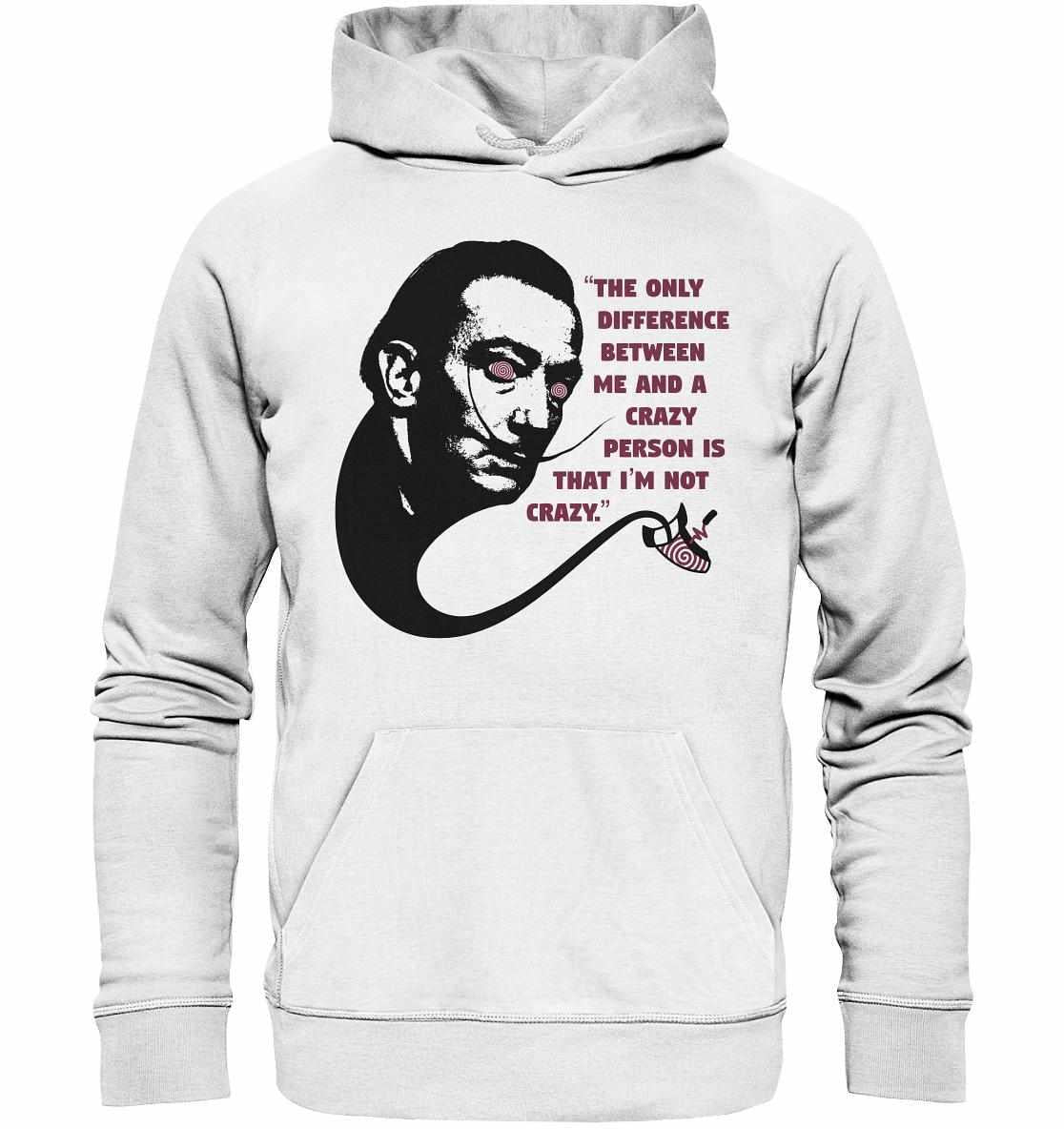 Vegan und Bio Hoodie: Crazy Dali, weißer Hoodie mit Salvador Dalis Gesicht, hergestellt aus Bio-Baumwolle und recyceltem Polyester, von RUDE REBEL.