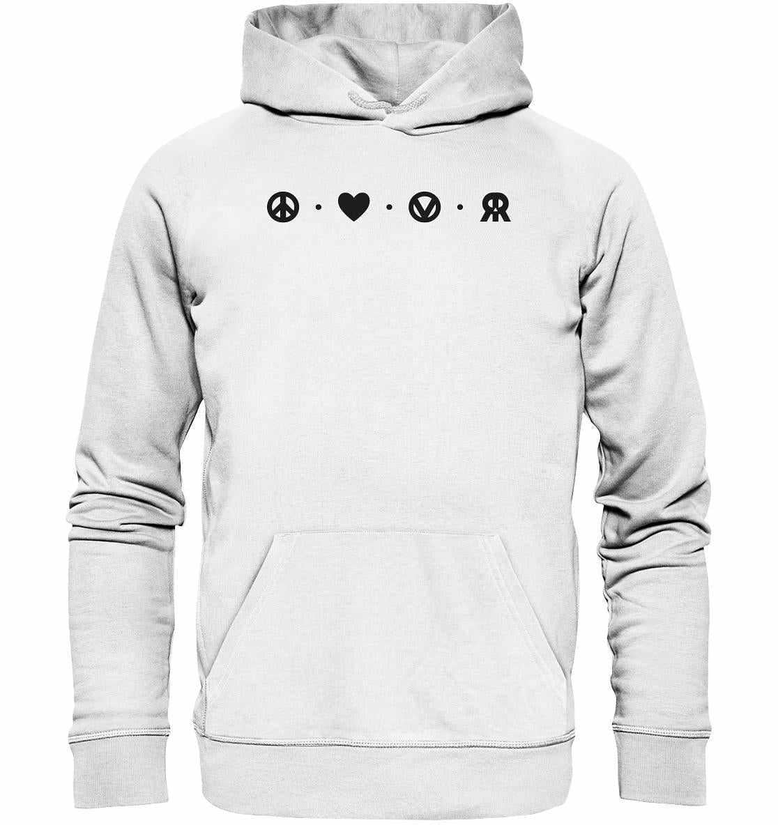 Vegan und Bio Hoodie: Peace - Love - Veganism - RUDE REBEL, weiß mit schwarzen Symbolen, nachhaltiger Materialmix, rebellisches Design, Kapuze, Kängurutasche, von RUDE REBEL.