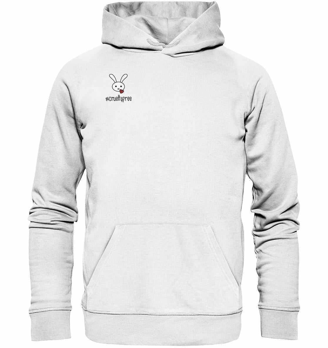 Vegan und Bio Hoodie: Crueltyfree Bunny mit gesticktem Kaninchenmotiv, hergestellt aus Bio-Baumwolle und recyceltem Polyester, symbolisiert Tierschutz und vegane Bewegung.