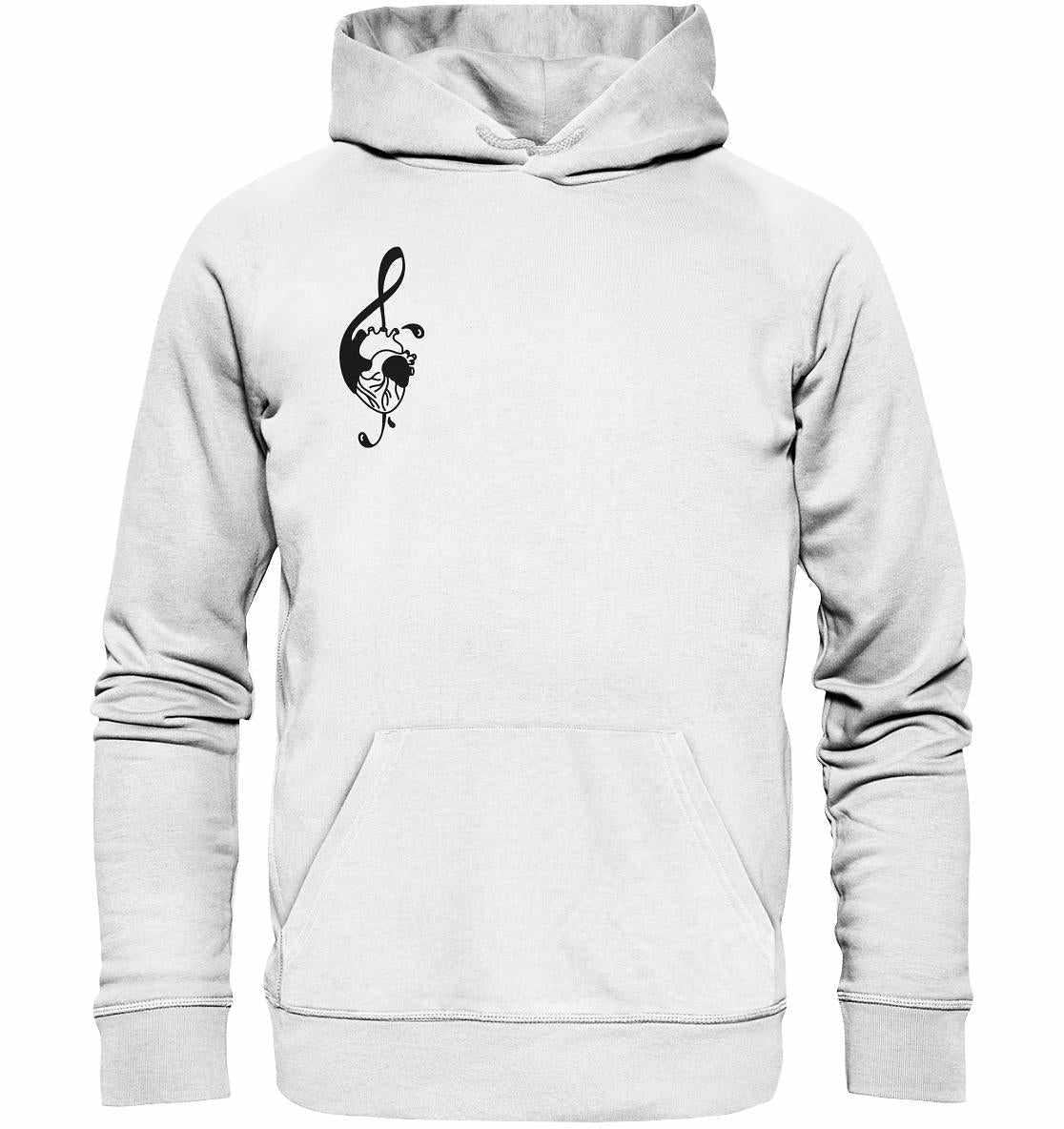 Vegan und Bio Hoodie: Music Therapy with Heart, weißer Hoodie mit schwarzem Notenschlüssel, hergestellt aus Bio-Baumwolle, zeigt deine Liebe zur Musik.