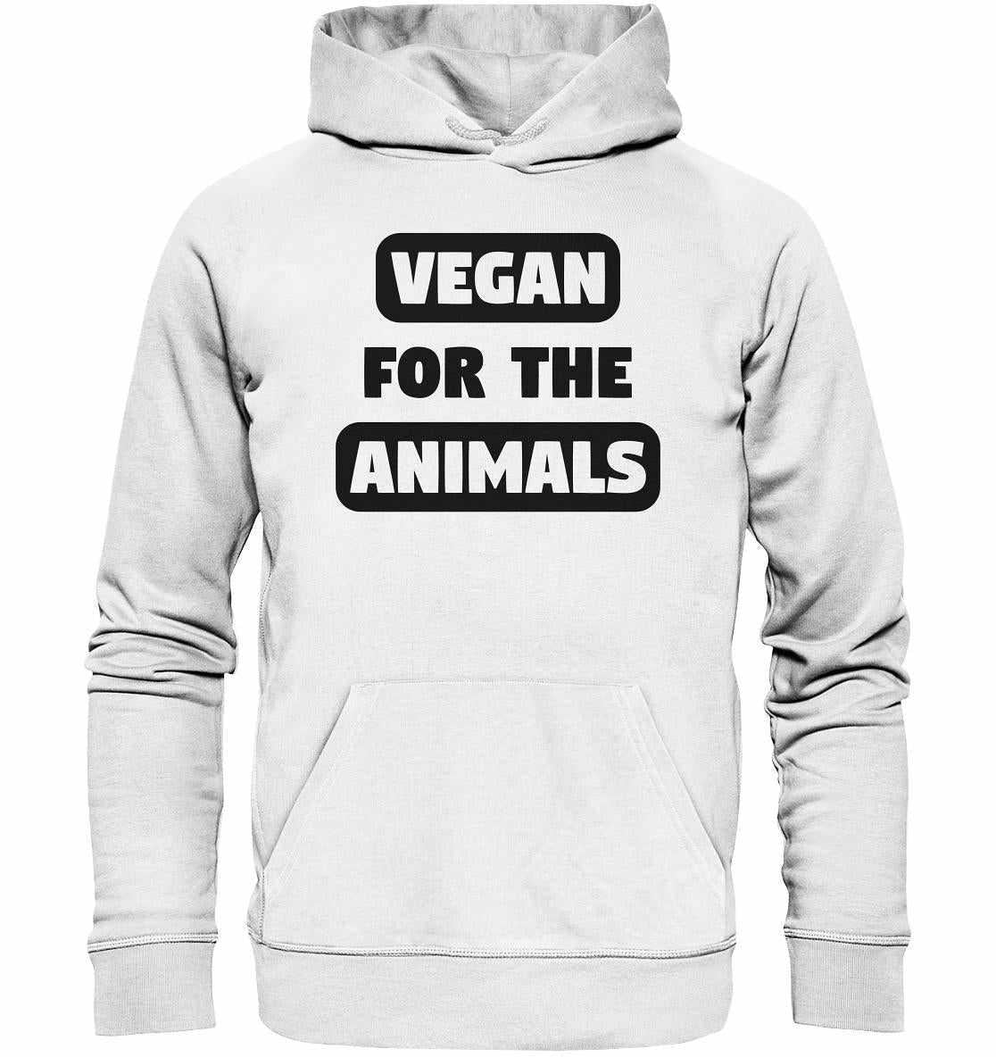 Vegan und Bio Hoodie: VEGAN FOR THE ANIMALS, weiß mit schwarzem Text, aus Bio-Baumwolle und Recyclingmaterialien, normaler Schnitt, Kängurutasche, flache Zugkordeln.