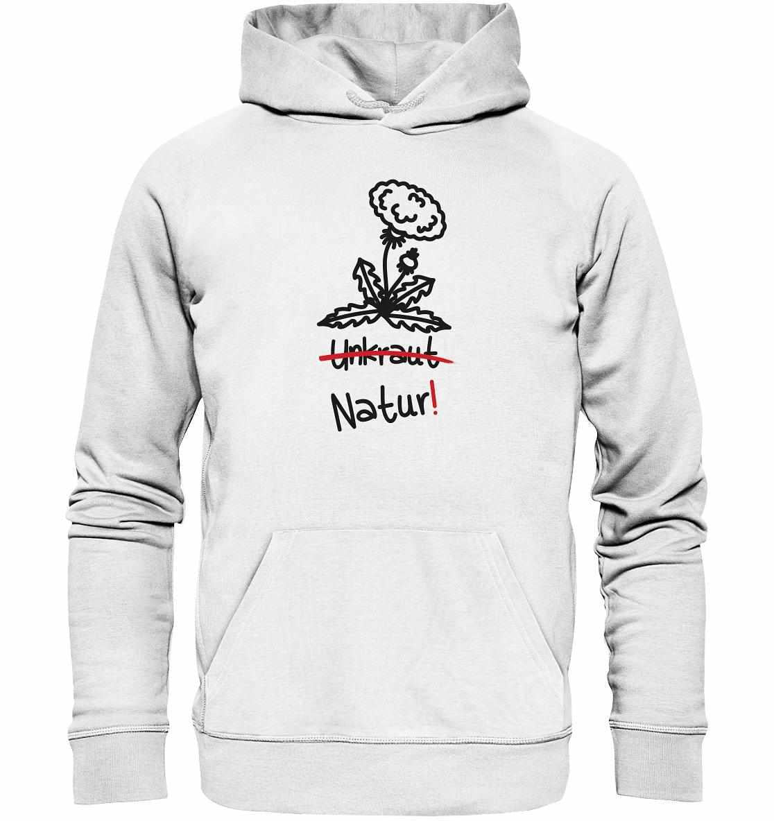 Vegan und Bio Hoodie mit Löwenzahn-Motiv, umweltfreundlich produziert, aus Bio-Baumwolle und recyceltem Polyester, symbolisiert Naturschutz und die Wertschätzung vermeintlicher Unkräuter.