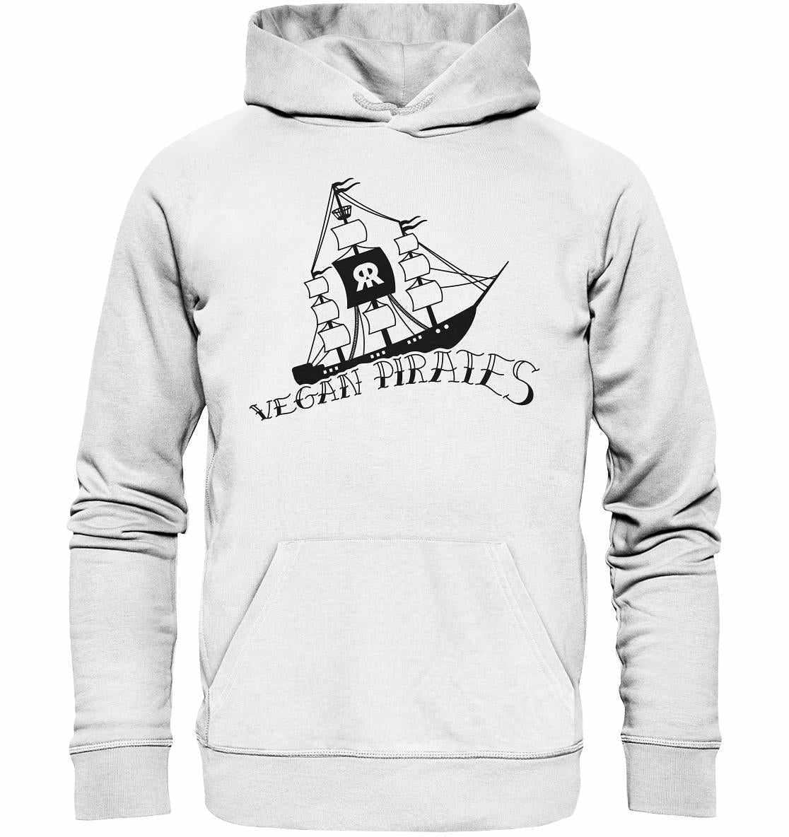 Vegan und Bio Hoodie: Vegan Pirates mit Piratenschiff-Motiv, hergestellt aus Bio-Baumwolle und recyceltem Polyester, symbolisiert veganes, nachhaltiges Engagement.
