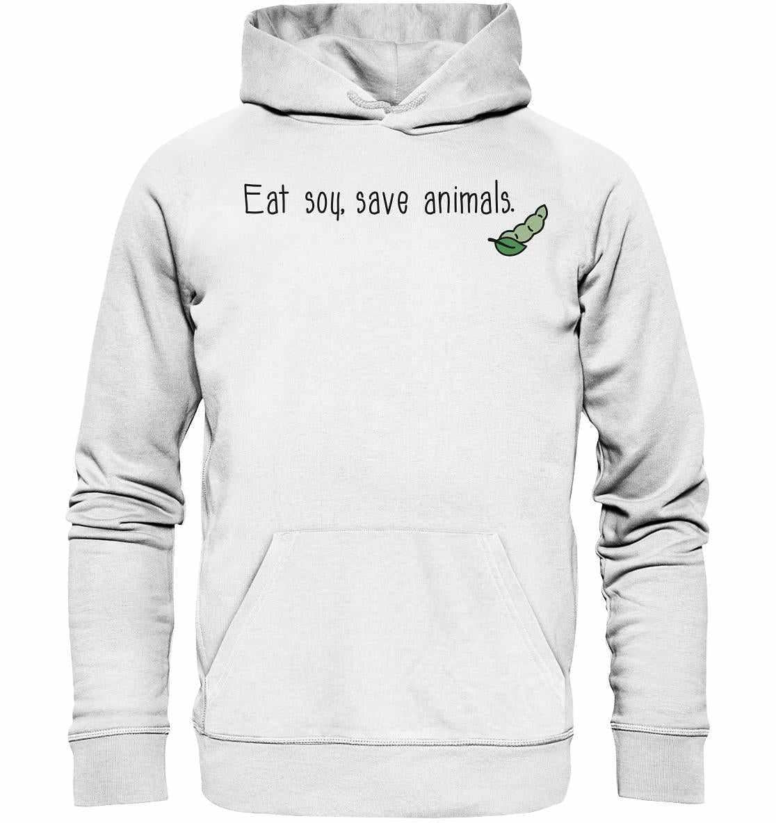 Vegan und Bio Hoodie mit Veganism - Eat soy, save animals Slogan, zeigt eine Raupe, aus Bio-Baumwolle und Recyclingmaterialien, betont veganen Lebensstil.
