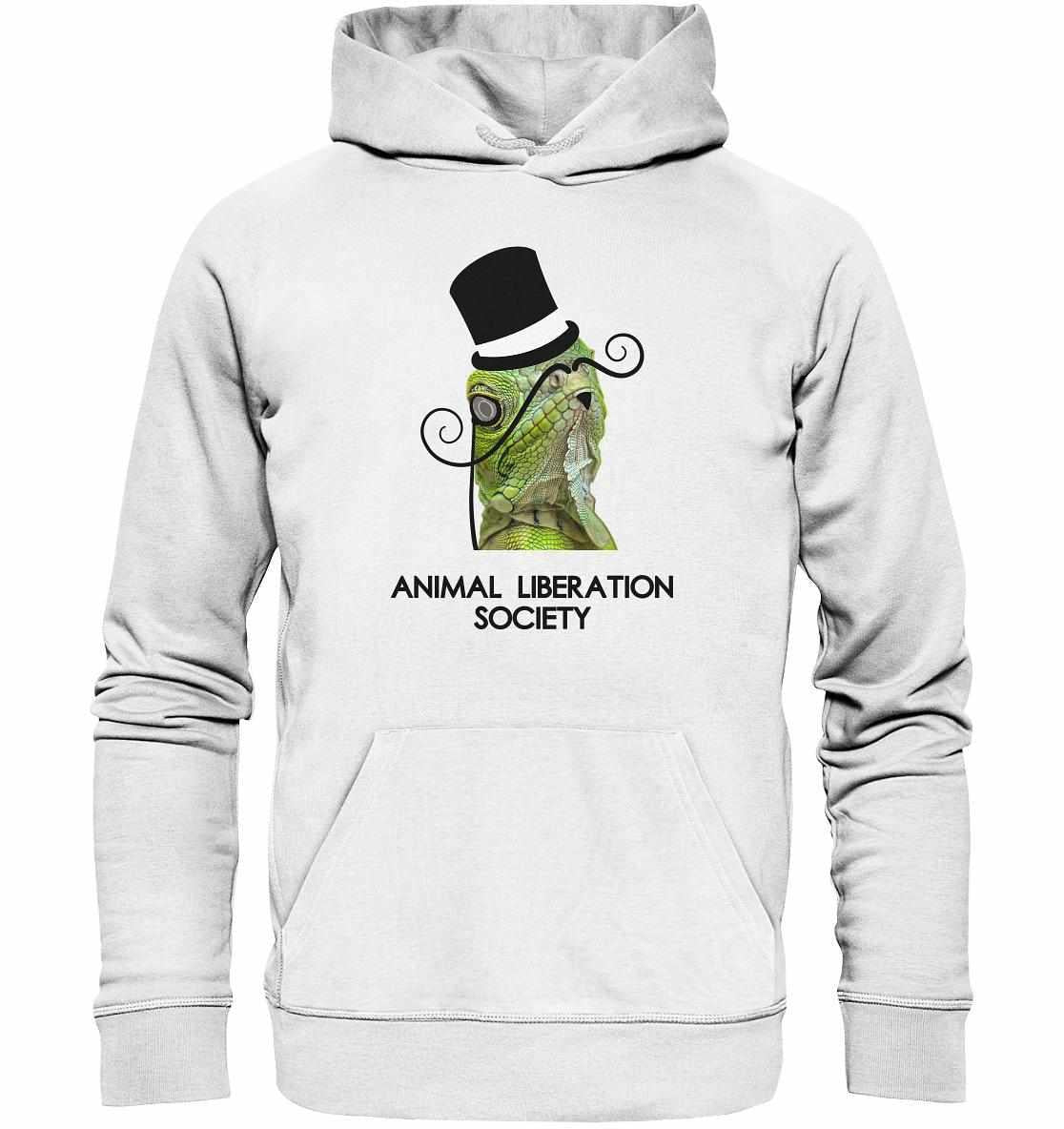 Vegan und Bio Hoodie: Sir Reptile - Animal Liberation Society, zeigt einen eleganten Lizard mit Zylinder, inspiriert von Tierrechten und Nachhaltigkeit.