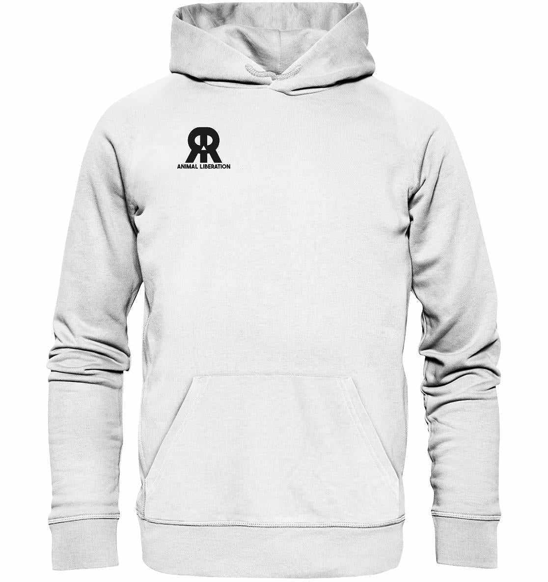 Vegan und Bio Hoodie: RUDE REBEL Skull - Animal Liberation, weißer Hoodie mit Totenkopf-Logo, aus Bio-Baumwolle und recyceltem Material, symbolisiert Tierrechte.