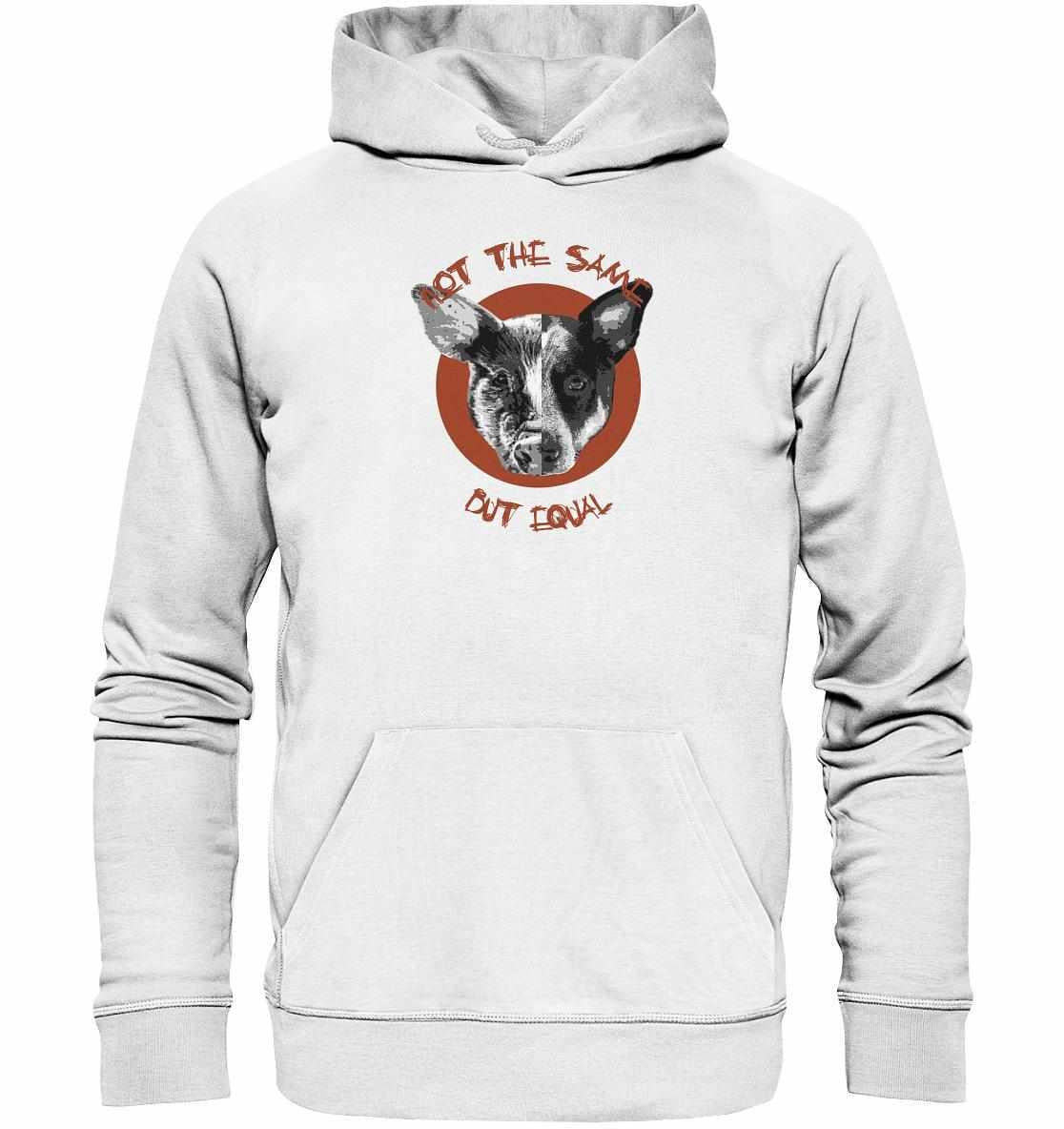 Vegan und Bio Hoodie mit Hund-Schwein-Collage, symbolisiert Tierrechte, aus Bio-Baumwolle und Recyclingmaterialien, von RUDE REBEL, normaler Schnitt, Kängurutasche.
