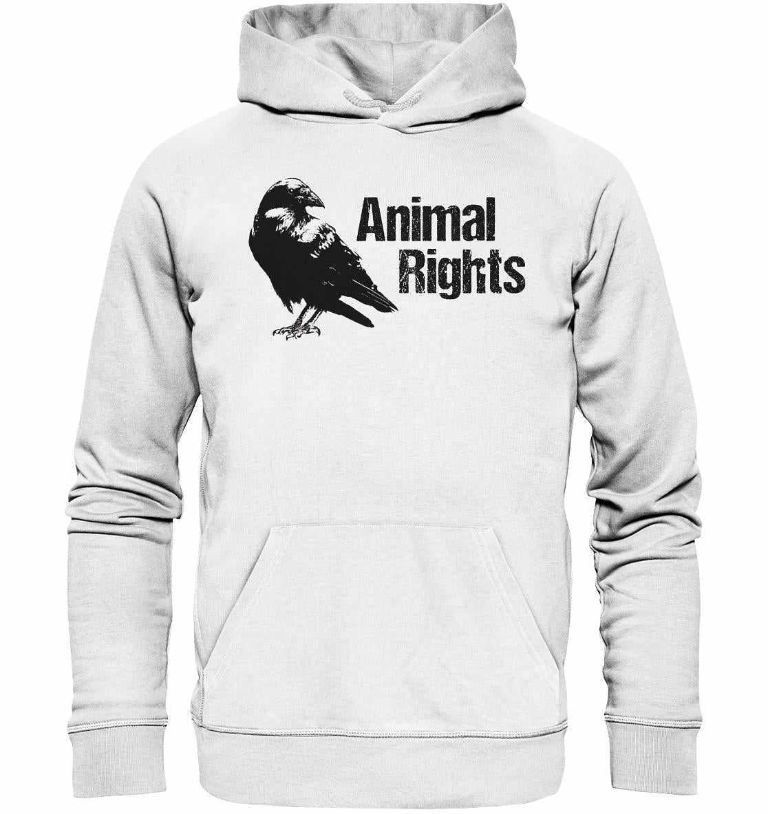 Vegan und Bio Hoodie: Raven - Animal Rights, zeigt einen schwarzen Vogel auf weißem Stoff, hergestellt aus Bio-Baumwolle und recycelten Materialien, für Tierrechte.
