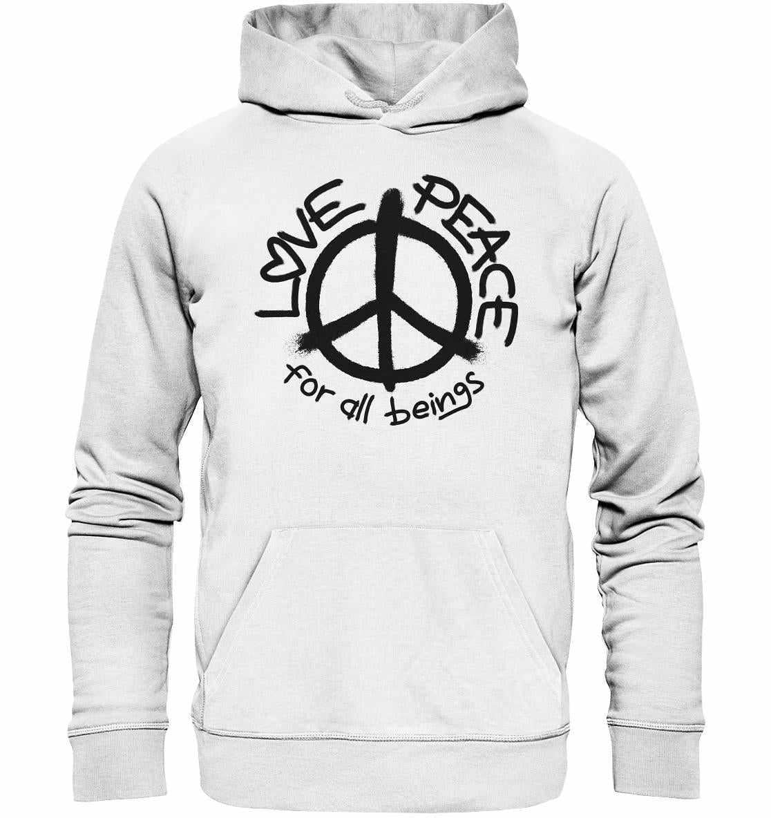 Vegan und Bio Hoodie: LOVE and PEACE for all beings, weißer Hoodie mit Peace-Symbol, aus nachhaltiger Bio-Baumwolle und Recyclingmaterialien, symbolisiert Frieden und Liebe.