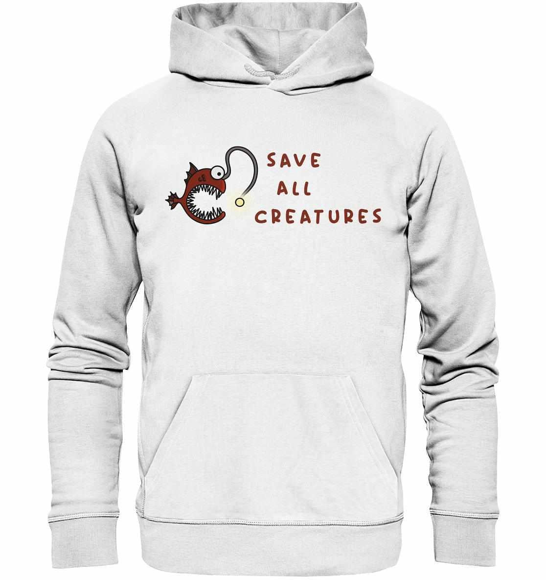 Vegan und Bio Hoodie mit Cartoon-Anglerfisch und Stethoskop-Design, symbolisiert Tierschutz; aus Bio-Baumwolle und recyceltem Polyester, Kapuze mit Kordel, Kängurutasche.