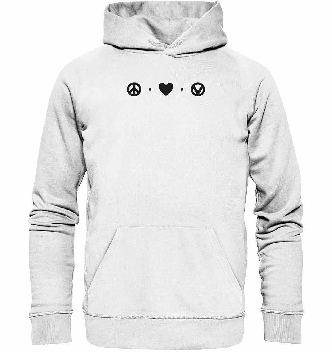 Vegan und Bio Hoodie: Peace - Love - Veganism, weiß mit schwarzem Friedenssymbol, aus Bio-Baumwolle und recyceltem Polyester, symbolisiert Frieden und Tierliebe.