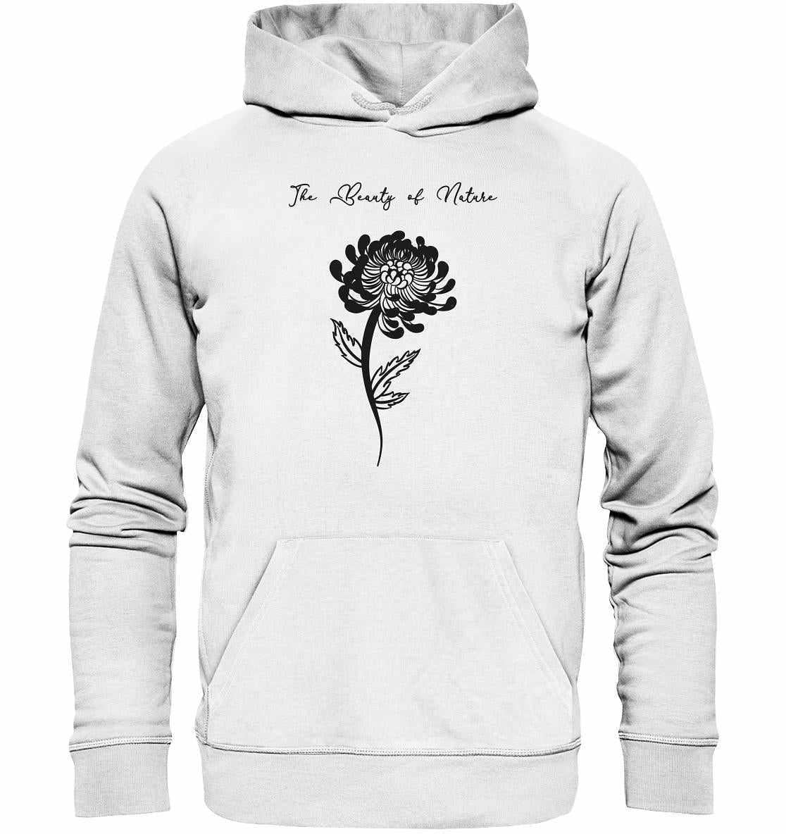 Vegan und Bio Hoodie mit Chrysantheme-Design, aus umweltfreundlichen Materialien, symbolisiert Naturschutz. Lässiger Schnitt, Kängurutasche, Kapuze mit Kordel. Ideal für nachhaltigen Stil.