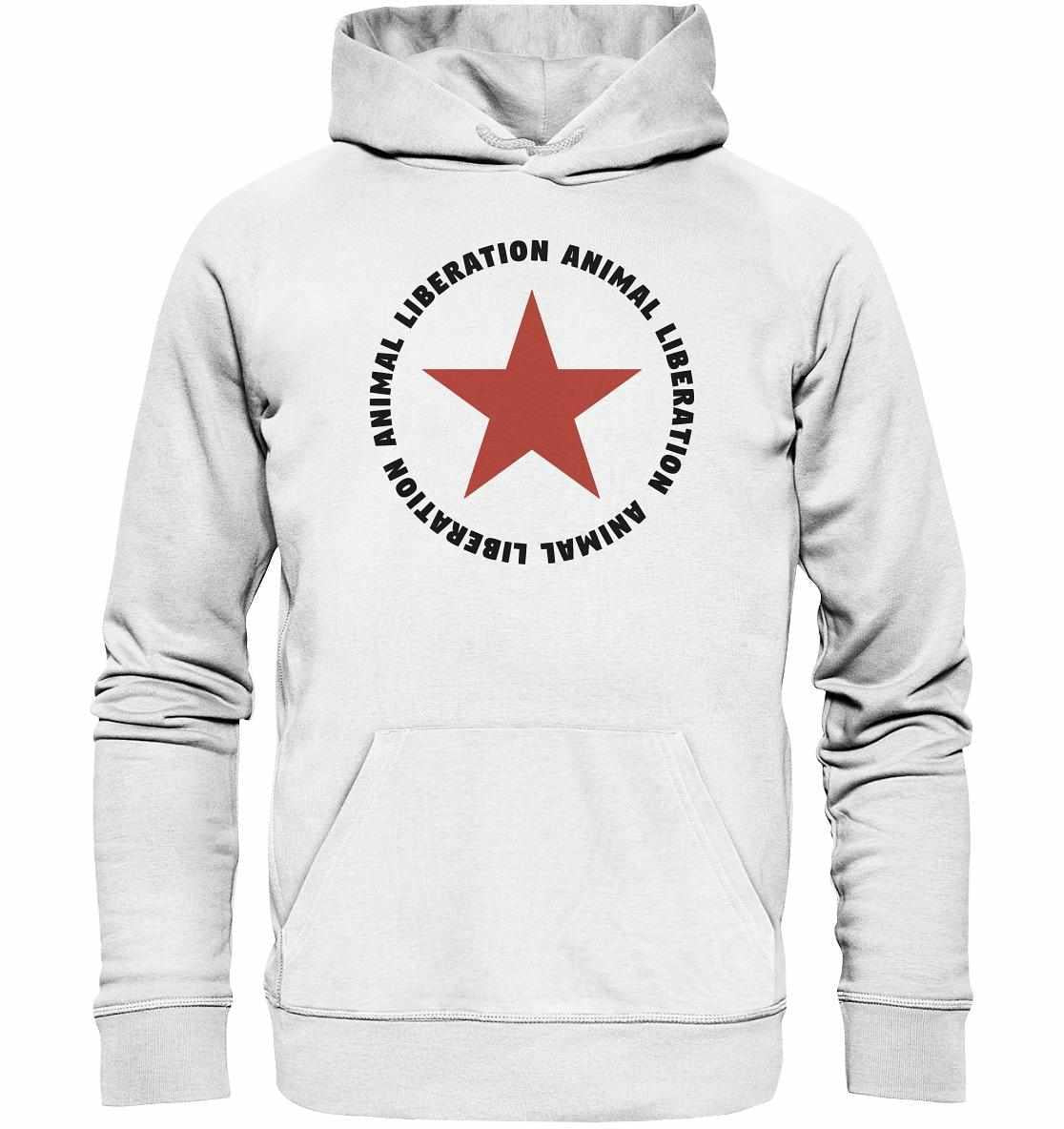 Vegan und Bio Hoodie: Red Star and Animal Liberation, weiß mit rotem Stern, aus Bio-Baumwolle und Recyclingmaterialien, Kapuze, Kängurutasche, rebellisches Design.