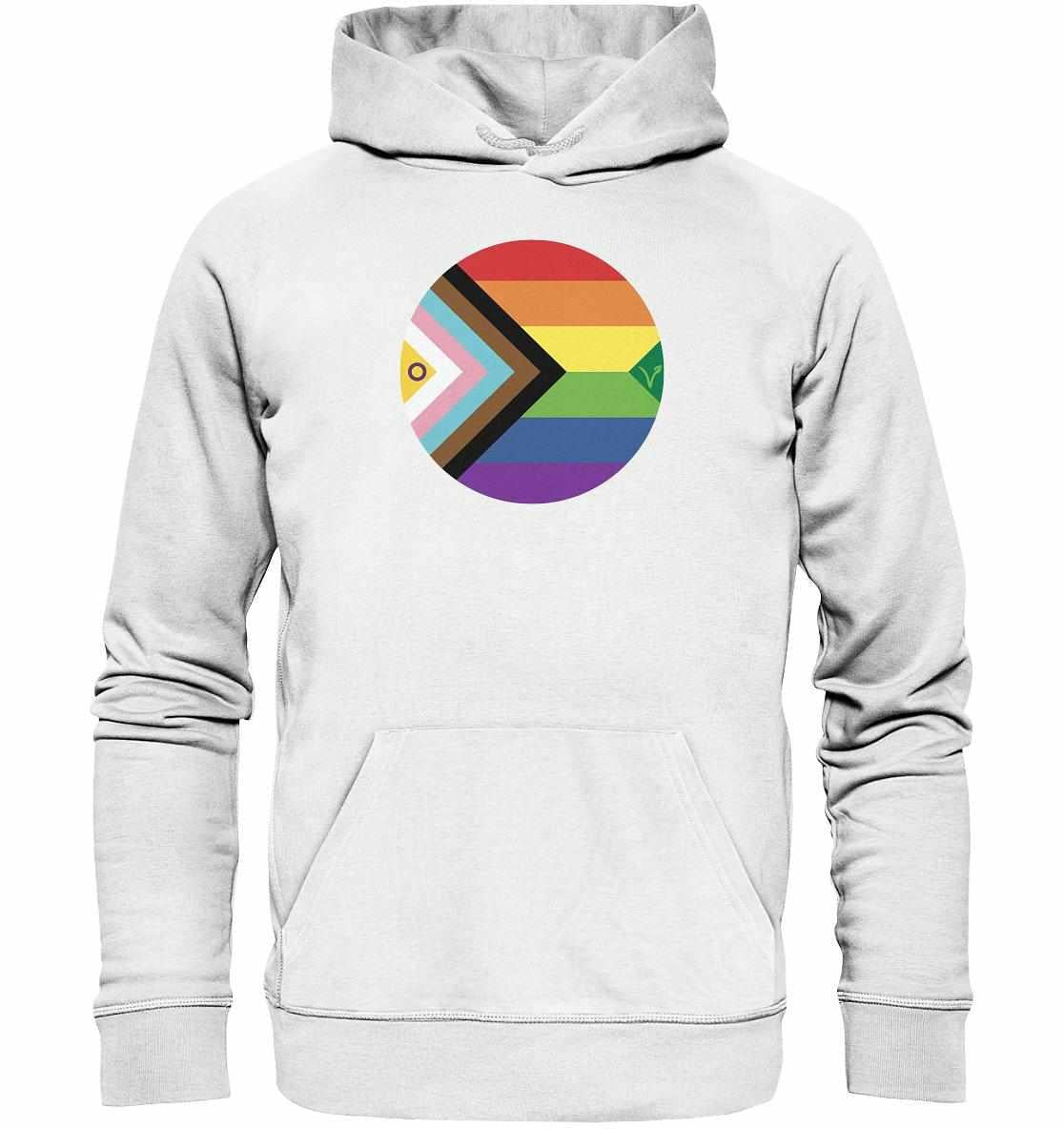 Vegan und Bio Hoodie: LGBTQAI+ Veganismus, weiß mit Regenbogenkreis und Fischmotiv, aus Bio-Baumwolle und recyceltem Polyester, symbolisiert Freiheit und Liebe.