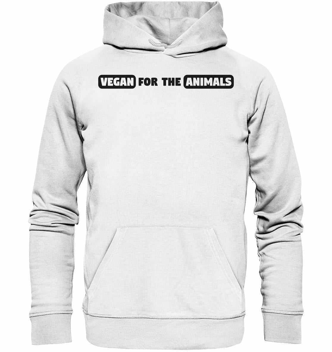 Vegan und Bio Hoodie: VEGAN FOR THE ANIMALS Edition 2, weiß mit schwarzem Text, aus Bio-Baumwolle und Recyclingmaterialien, Kapuze, Kängurutasche, von RUDE REBEL.