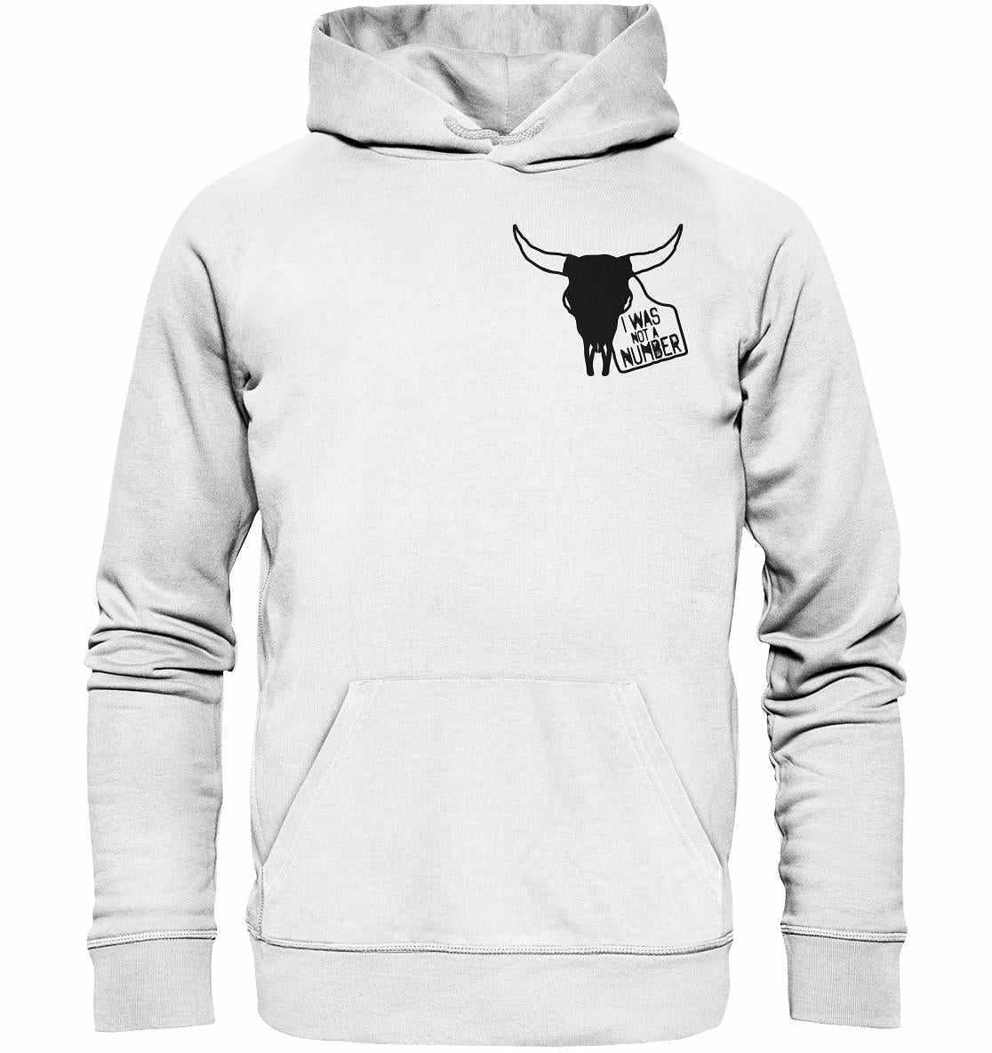 Vegan und Bio Hoodie mit schwarzem Stierdesign, aus Bio-Baumwolle und Recyclingmaterialien, symbolisiert Tierrechte und Veganismus.
