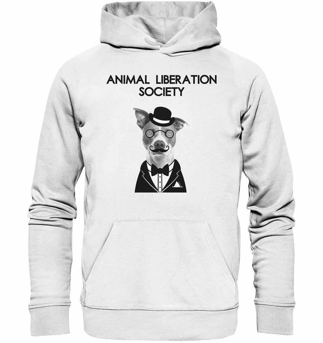 Vegan und Bio Hoodie mit Hundemotiv von RUDE REBEL, zeigt Mr. Dog mit Hut und Brille, inspiriert von der Animal Liberation Society.