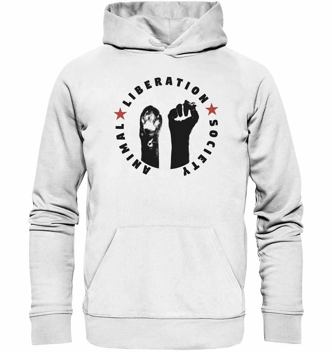 Vegan und Bio Hoodie mit Pfoten- und Faust-Design für Tierrechte, hergestellt aus Bio-Baumwolle und recyceltem Polyester, ideal für Tierliebhaber und Umweltschützer.