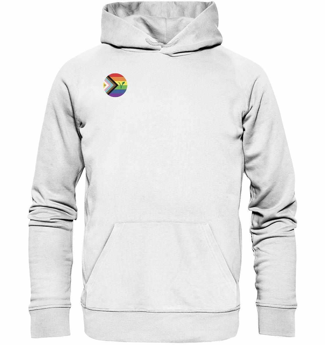 Vegan und Bio Hoodie: LGBTQIA+ VEGAN, weiß, mit Regenbogen-Logo und grünem Blattmotiv, hergestellt aus Bio-Baumwolle und recycelten Materialien, normale Passform.