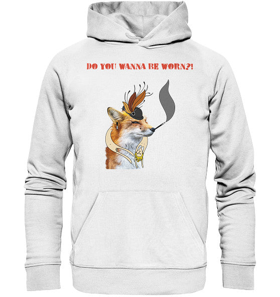 Vegan und Bio Hoodie: Mrs. Fox demonstriert gegen Pelz! Weißer Hoodie mit Fuchs im Piratenhut, rebellisches Design der Animal Liberation Society.