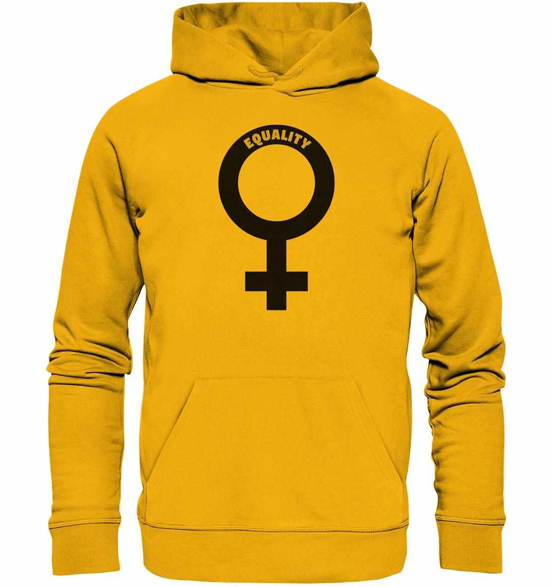 Vegan und Bio Hoodie mit Venussymbol, aus Bio-Baumwolle und recyceltem Polyester, symbolisiert feministische Botschaft für Gleichberechtigung. Kängurutasche und flache Zugkordeln in passender Farbe.