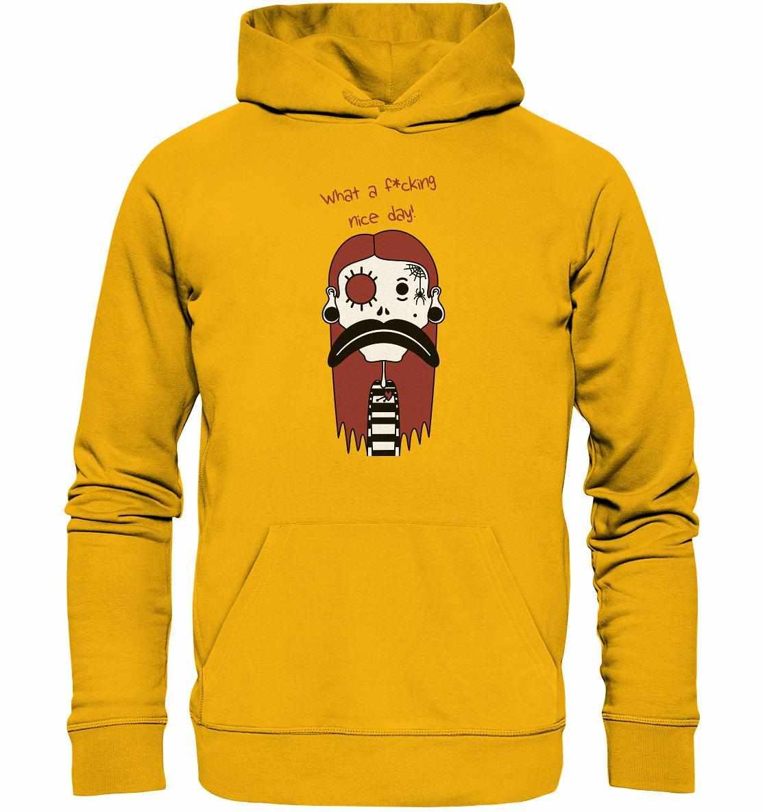 Vegan und Bio Hoodie: Mental health – Bad Day, gelber Hoodie mit Cartoonfigur, aus Biobaumwolle und recyceltem Polyester, normale Passform, rebellisches Design von RUDE REBEL.