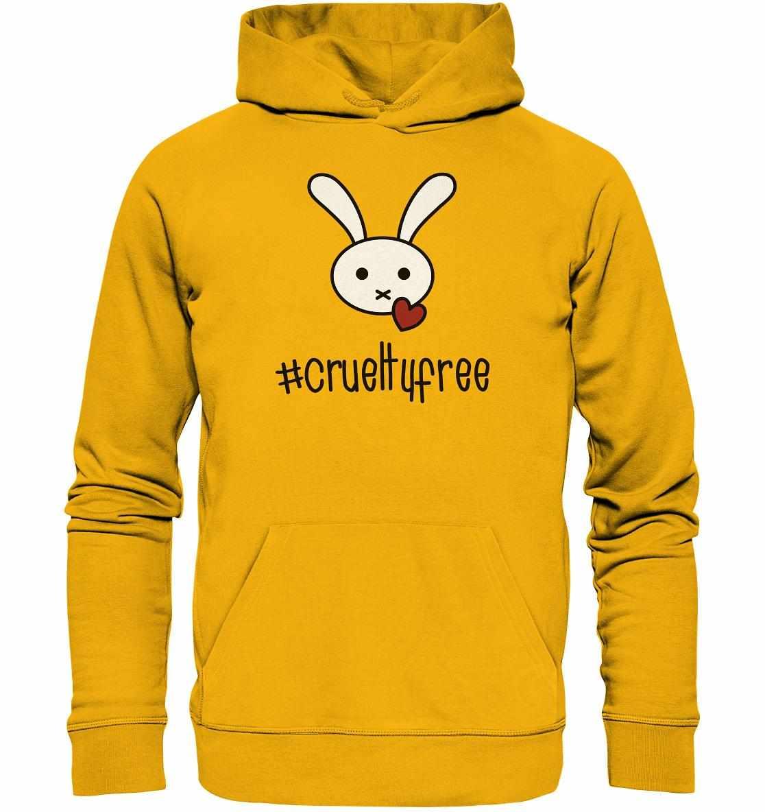 Vegan und Bio Hoodie: Crueltyfree Bunny BIG mit weißem Kaninchenmotiv und Herz, hergestellt aus Bio-Baumwolle mit recyceltem Polyester, rebellisches Design gegen Tierversuche.