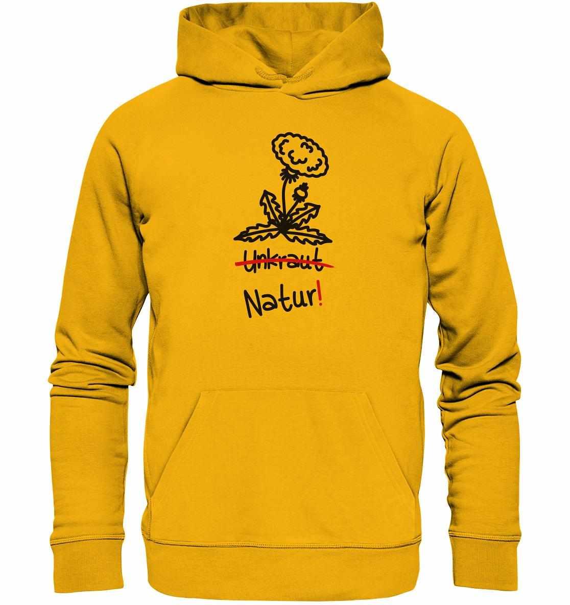 Vegan und Bio Hoodie: Löwenzahn mit Blumenmotiv, aus umweltfreundlicher Baumwolle, Kapuze und Kängurutasche, symbolisiert Naturschutz und Nachhaltigkeit.