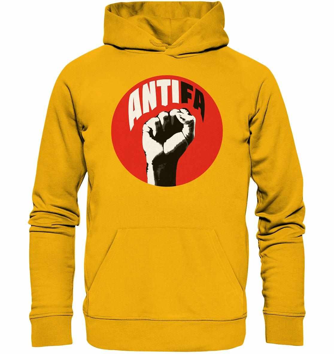 Vegan und Bio Hoodie: Antifa - Kampf gegen Rechts, gelber Hoodie mit geballter Faust-Design, symbolisiert Widerstand gegen Faschismus, aus nachhaltiger Bio-Baumwolle und recyceltem Polyester.