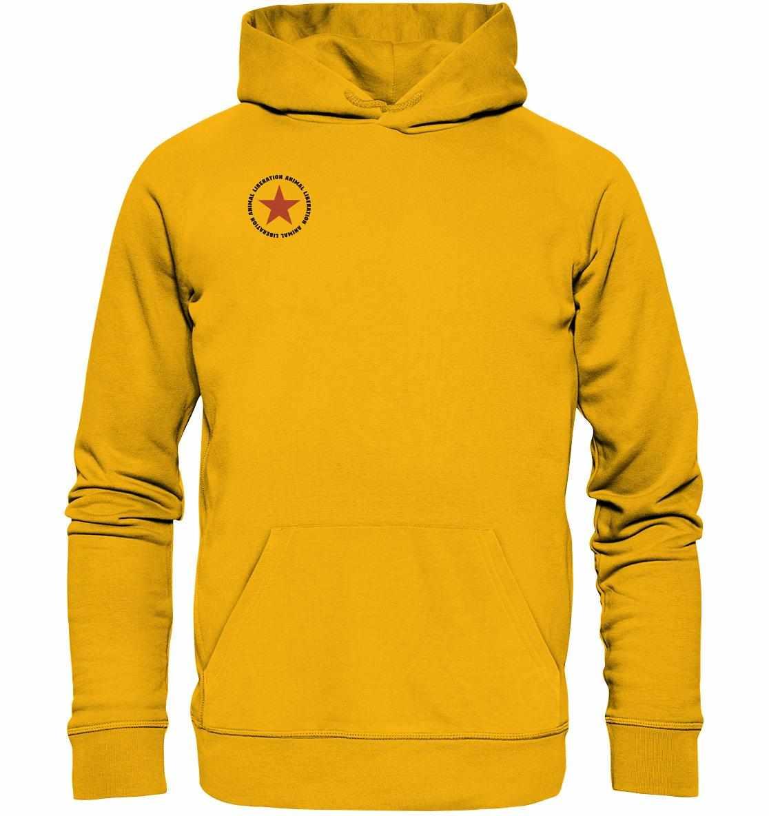 Vegan und Bio Hoodie: Red Star - Animal Liberation mit Kapuze und Kängurutasche, aus Bio-Baumwolle und Recyclingmaterialien, zeigt eine wichtige Botschaft.