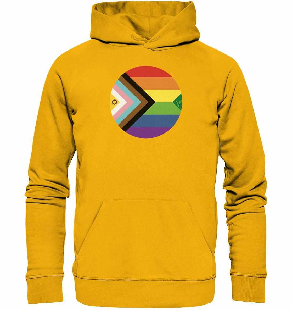 Vegan und Bio Hoodie: LGBTQAI+ Veganismus, gelber Hoodie mit Regenbogenkreis, symbolisiert Freiheit und Liebe, gefertigt aus Bio-Baumwolle und recycelten Materialien.
