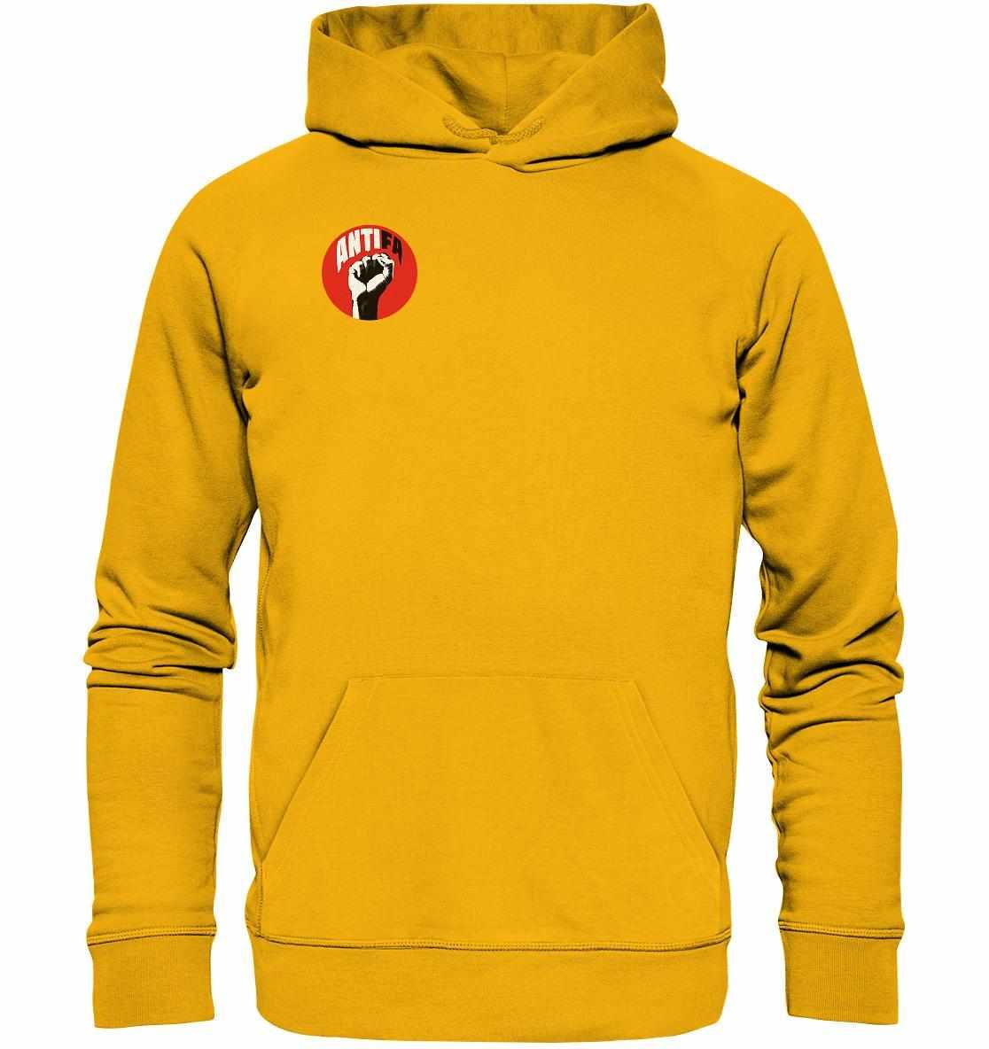 Vegan und Bio Hoodie: Antifa - Gemeinsam gegen Rechts, gelber Hoodie mit Kapuze und Logo, aus umweltfreundlicher Bio-Baumwolle, repräsentiert nachhaltigen, antifaschistischen Stil von RUDE REBEL.