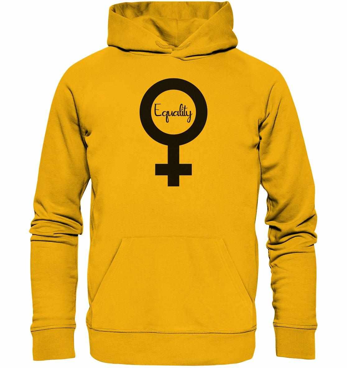 Vegan und Bio Hoodie: Feminismus - Der Kampf um Gleichberechtigung, gelber Hoodie mit Symbol, unterstützt Frauenrechte, aus Bio-Baumwolle und Recyclingmaterialien.