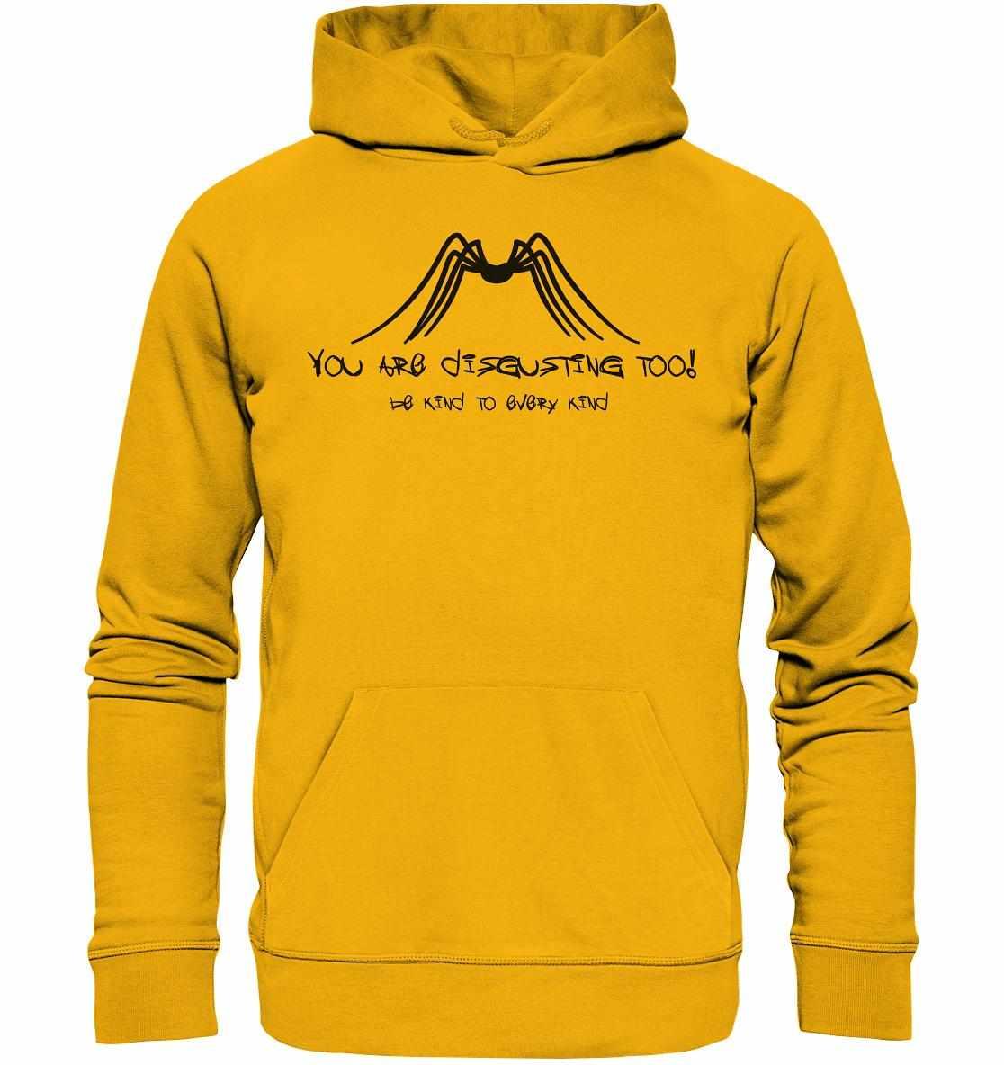 Gelber Hoodie mit schwarzem Spinnenmotiv und Text „Vegan und Bio Hoodie: Protect Insects“; aus umweltfreundlicher Bio-Baumwolle, inspiriert von Tierschutz und Nachhaltigkeit.
