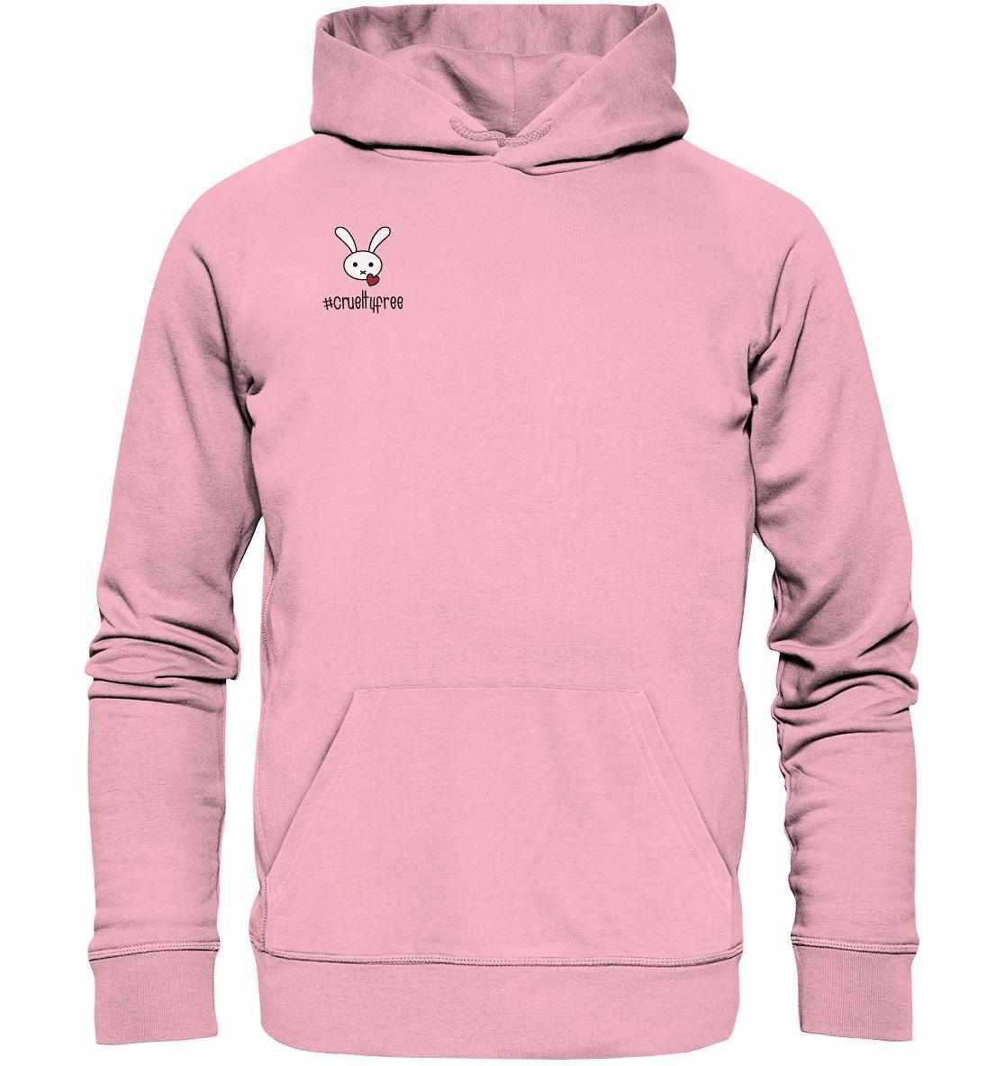Vegan und Bio Hoodie: Crueltyfree Bunny mit gesticktem Cartoon-Hasen und Herz, hergestellt aus Bio-Baumwolle und recyceltem Polyester, symbolisiert Tierrechtsaktivismus.