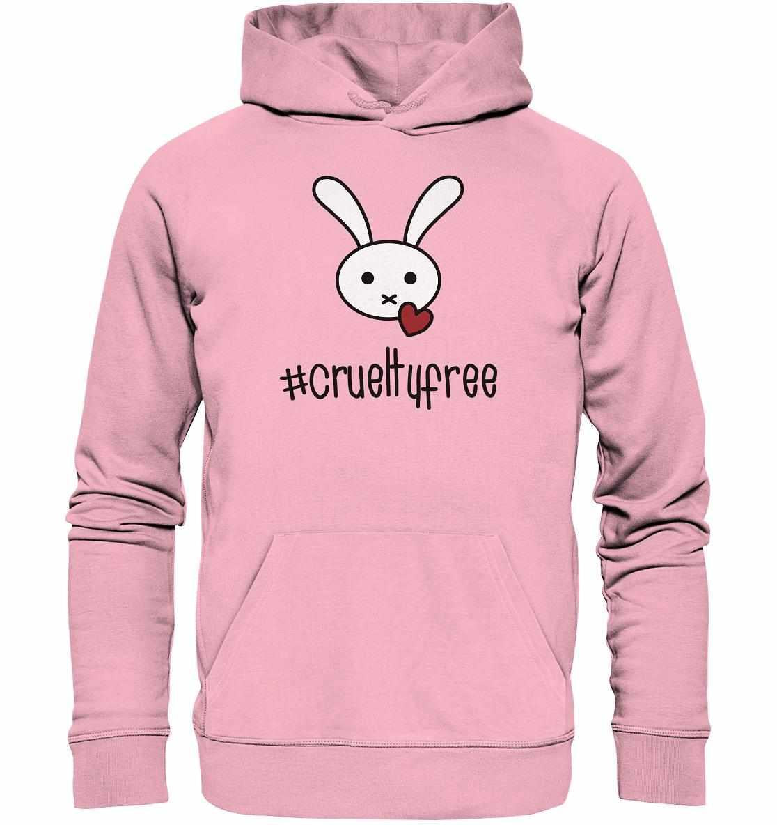 Vegan und Bio Hoodie: Crueltyfree Bunny BIG mit weißem Kaninchenmotiv und Herz auf pinkem Stoff, symbolisiert vegane Bewegung und Tierrechtsunterstützung.