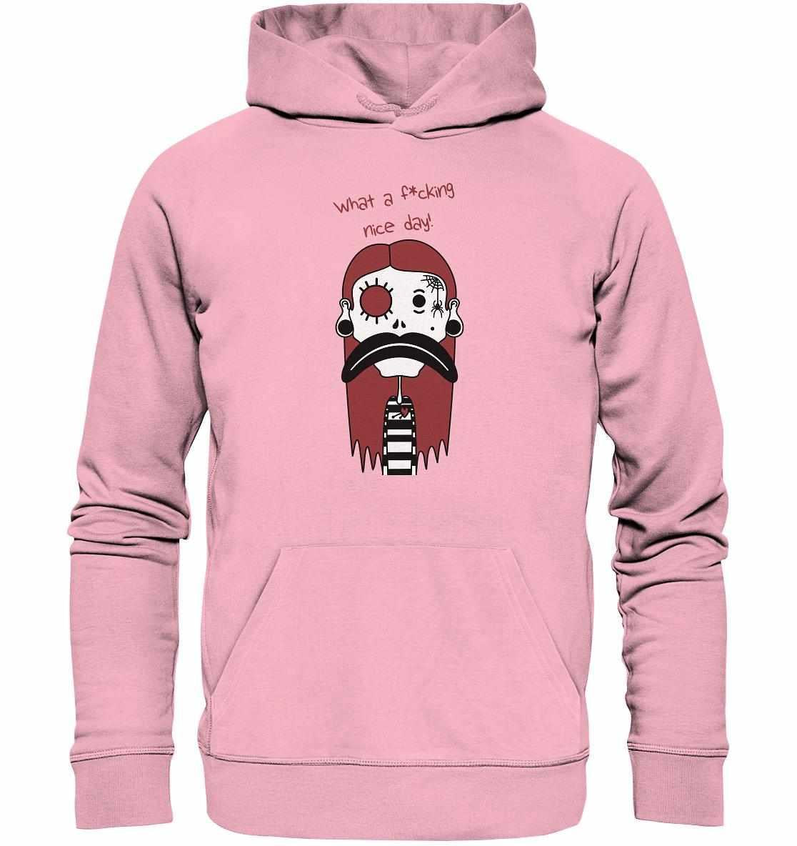 Vegan und Bio Hoodie: Mental health – Bad Day, pinker Hoodie mit Cartoonfigur, normale Passform, Kapuze, Kängurutasche, aus Biobaumwolle und recyceltem Polyester.