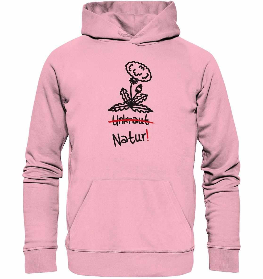 Vegan und Bio Hoodie: Löwenzahn - Naturschutz, rosa Hoodie mit Blumenmotiv, aus Bio-Baumwolle, repräsentiert umweltfreundliches Design und Naturschutzgedanken.