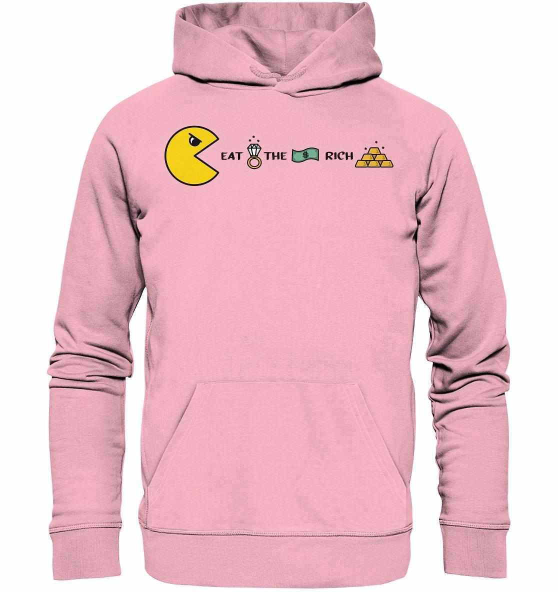 Vegan und Bio Hoodie: PAC-MAN - Eat the rich, pink mit Pac-Man-Motiv, aus Bio-Baumwolle und Recyclingmaterialien, rebellisches Design von RUDE REBEL.