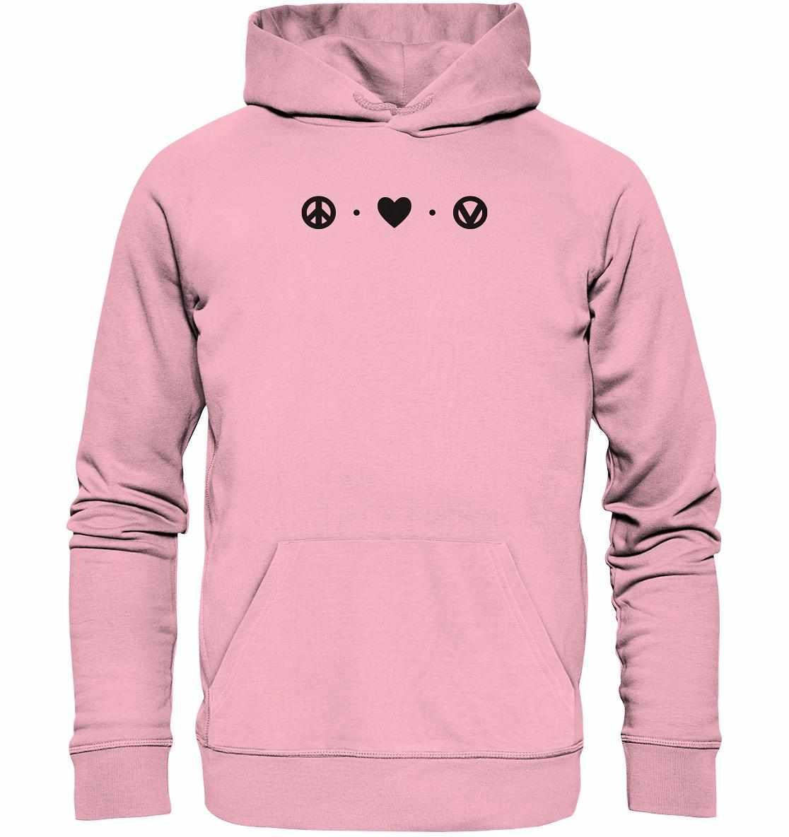 Vegan und Bio Hoodie: Peace - Love - Veganism, pink mit schwarzem Friedenssymbol und Herz, aus Bio-Baumwolle und recyceltem Polyester, Kapuze und Kängurutasche.