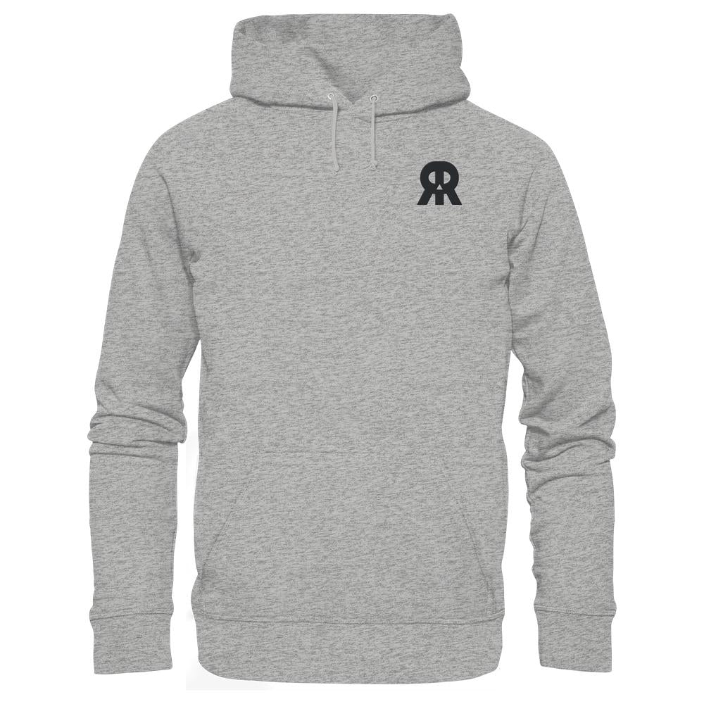 Vegan und Bio Hoodie bestickt: RUDE REBEL Skull, hellgrau mit Kapuze, Kängurutasche und schwarzem RR-Logo auf der Brust, aus Bio-Baumwolle und recyceltem Polyester.
