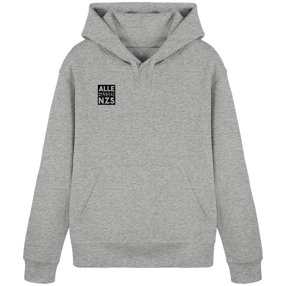 Vegan und Bio Hoodie: ALLE HASSEN NZS! zeigt minimalistisches Design mit schwarz-weißem Statement auf Brust, Kängurutasche und Kapuze; nachhaltige, vegane Marke RUDE REBEL.